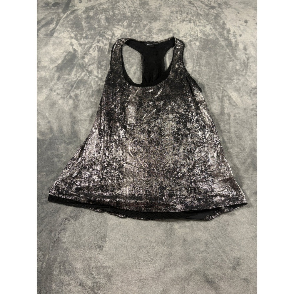 Rock & Republic Womens Modern Rock Tank Top Large Silver Metallic Foil Mesh Back